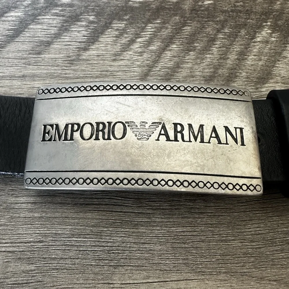 Giorgio Armani Men's Leather Belt With Silver Tone Buckle Engraved Logo 39 Inch